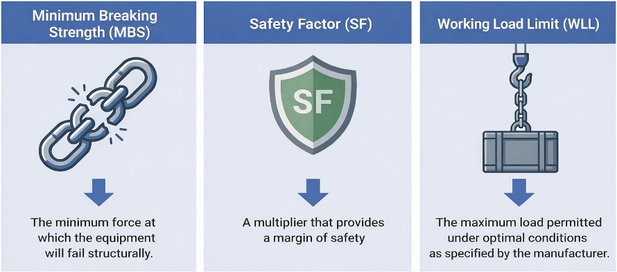 Working load limit calculation diagram showing breaking strength and safety factor